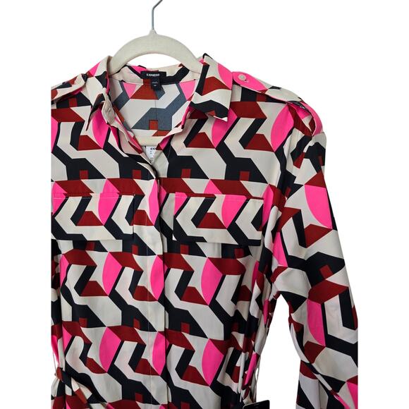 NWT EXPRESS Printed Tie Wais Long Sleeve Shirt Dress - Picture 3 of 8